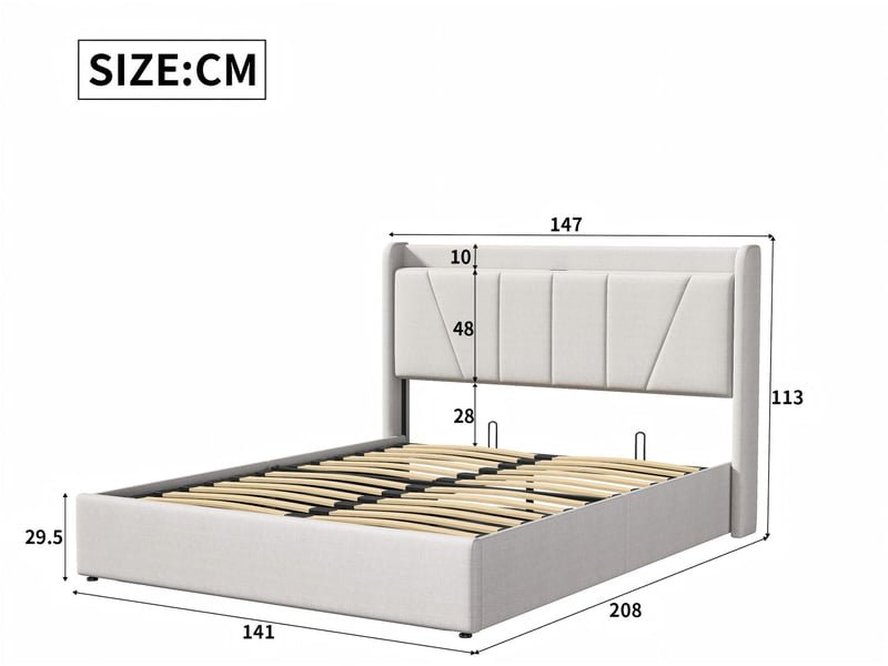  Lit coffre 140x200 cm - ports usb + type-c - tête de lit avec étagère - sommier relevable  - Conforama C
