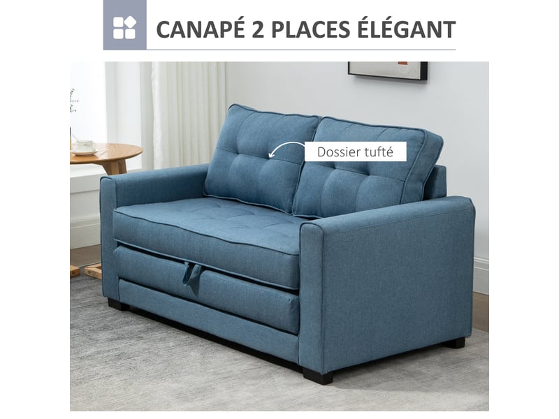 Canapé droit convertible 2 places - dossier capitonné - bleu - 147,5 x 75 x 85 cm - Conforama D