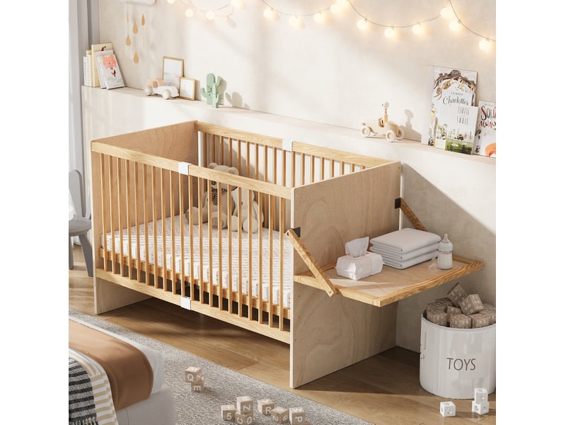  Lit bébé multifonction 70x140 cm, table à langer pliante, sommier 4 hauteurs, bois naturel, sans matelas  - Conforama B