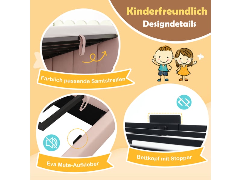  Lit enfant 90x200 cm - lit coffre avec rangement hydraulique - tête de lit rembourrée - design couronne - velours - rose  - Conforama E