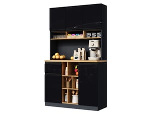 Buffet gris et noir, poignées en métal, 105x45x185 cm, façades brillantes, tiroir, niches et étagères réglables pour cuisine