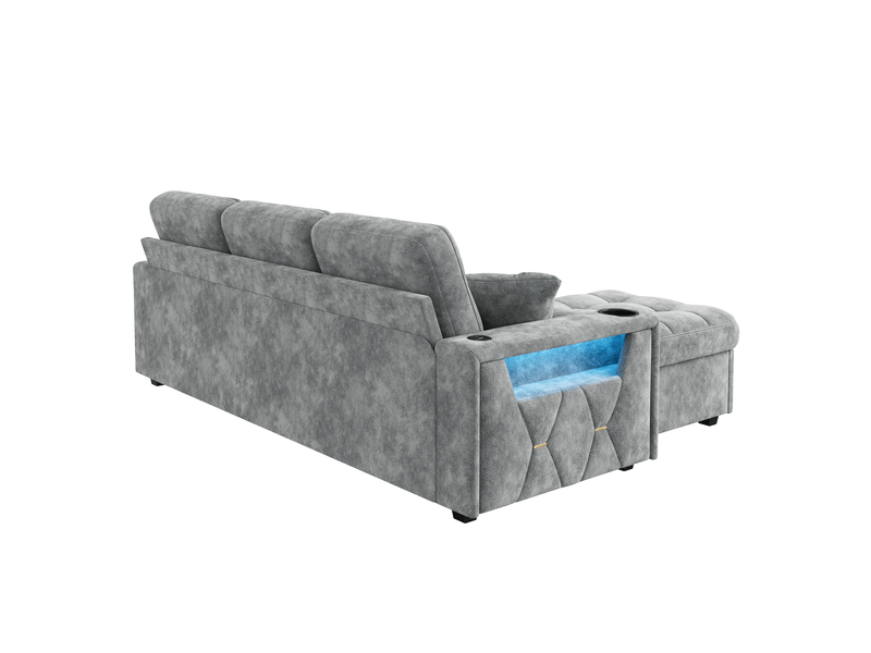  Canapé 3 places 194,5x133x83 cm avec rangement, usb-c, led, tiroirs à roulettes, pouf de rangement, chenille gris  - Conforama W