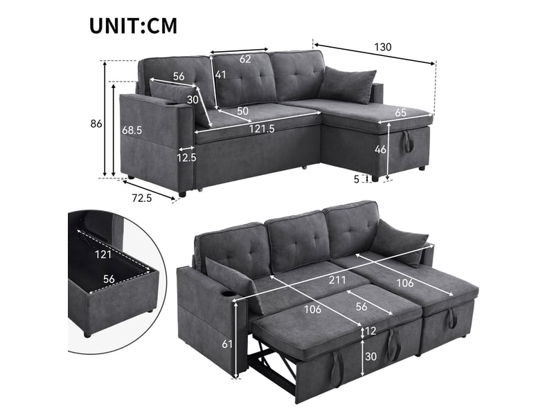  Canapé d'angle convertible 3 places 211 x 130 cm – gris – méridienne réversible, rangement et porte-gobelets  - Conforama C