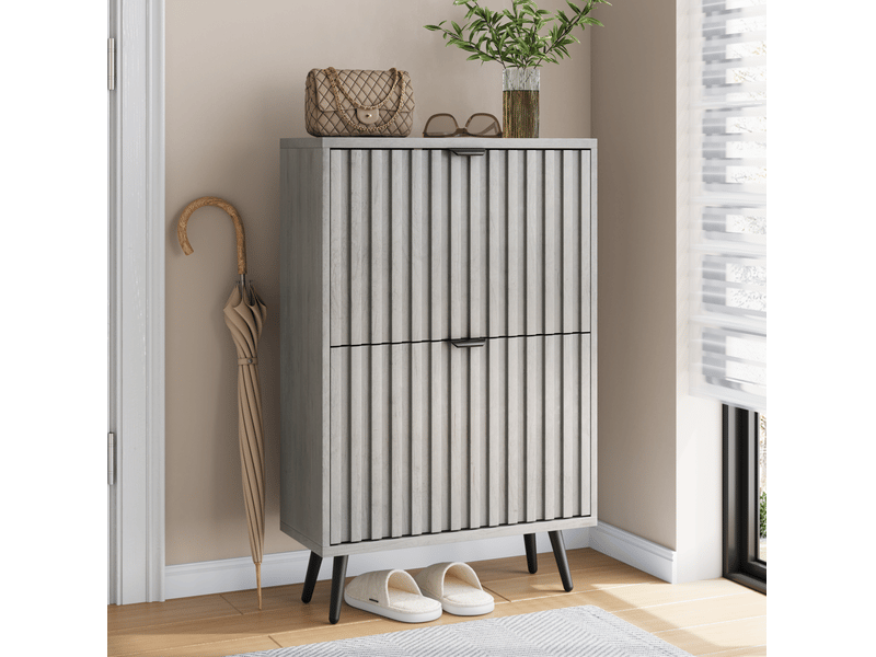  Meuble à chaussures 60x24x94 cm, 2 portes, meuble d'entrée, grande capacité, design rainuré, mdf et aggloméré, gris  - Conforama B