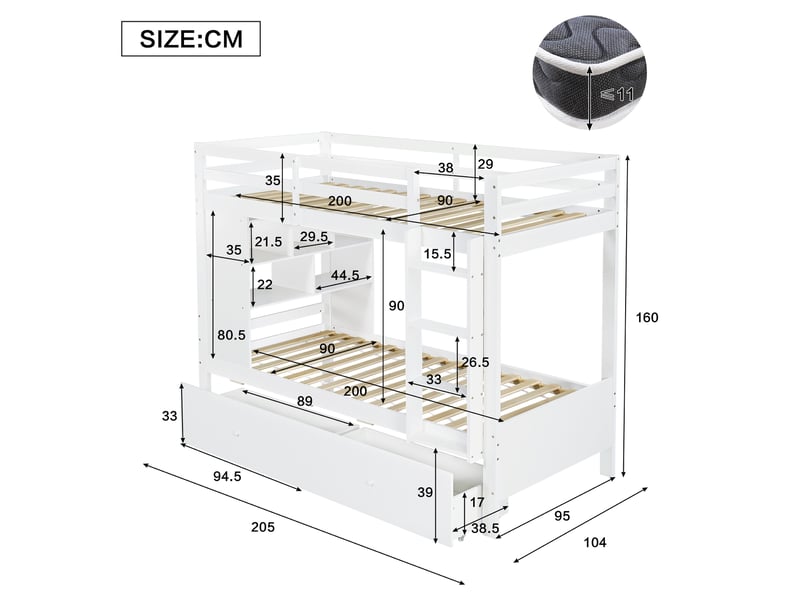 Lit superposé 90 × 200 cm 2 places avec 2 tiroirs, étagère et barrière, sans matelas, en bois, blanc - Conforama D