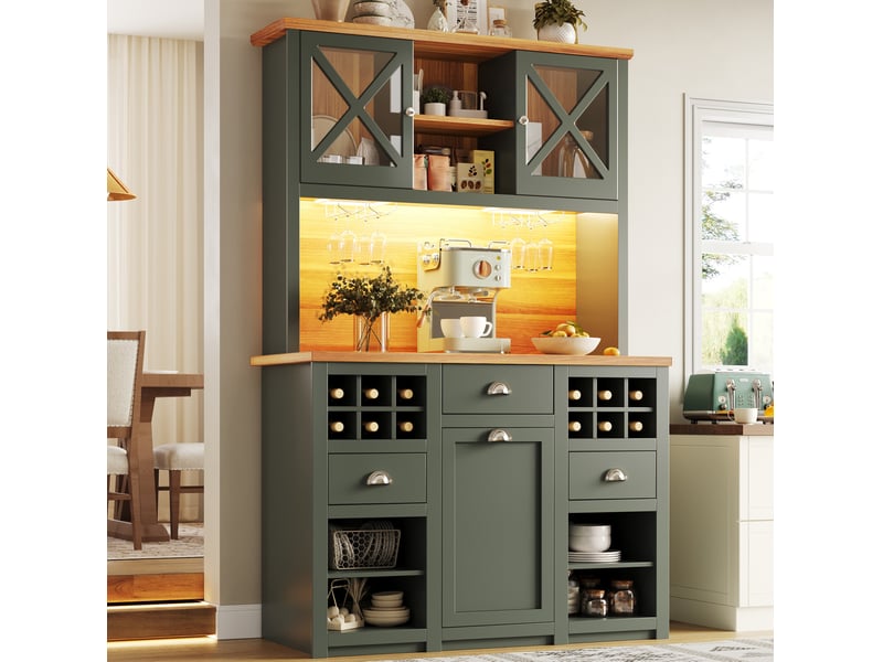  Buffet de cuisine 120x45x188 cm – vert antique – portes vitrées, led, rangements modulables, prises intégrées  - Conforama B