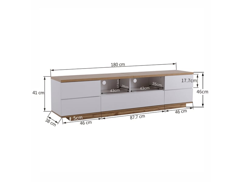  Meuble tv 180 cm blanc et décor bois en mdf, 5 portes et 2 niches ouvertes  - Conforama C