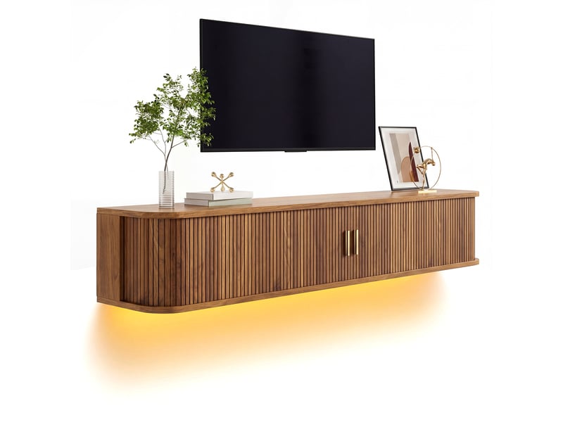  Meuble tv 175x30x30 cm, suspendu, extensible, éclairage led, commande par application, 1 tiroir, grand rangement pour salon - noyer  - Conforama A
