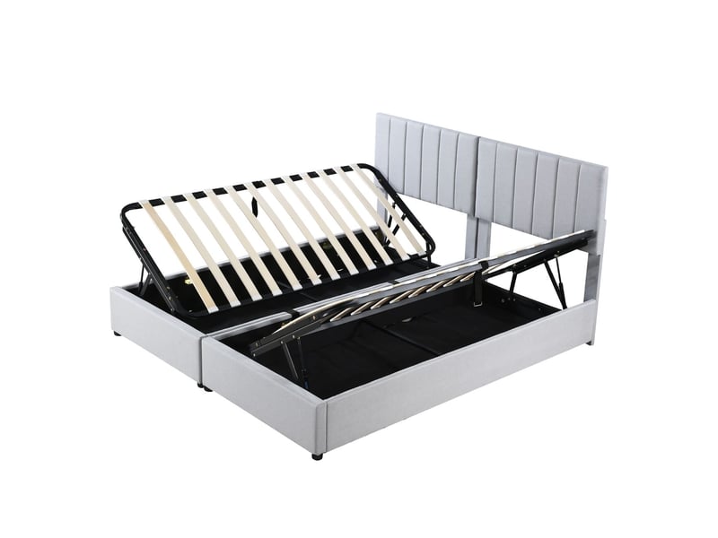  Lit coffre 180x200cm séparable en 2 lits - lit rembourré - tête de lit réglable, tissu lin, sommier inclus, gris  - Conforama A