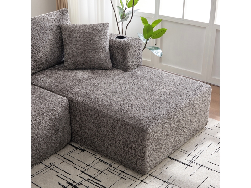 Canapé d'angle modulable 3 places, méridienne, mousse à mémoire de forme, porte-gobelet, sans montage, chenille gris foncé - Conforama E