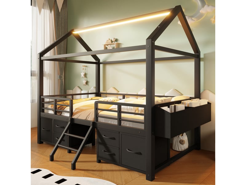 Lit enfant 90x200 cm avec toit - éclairage led - lit cabane avec 6 tiroirs en tissu et rangements - métal - noir  (sans matelas)  - Conforama R