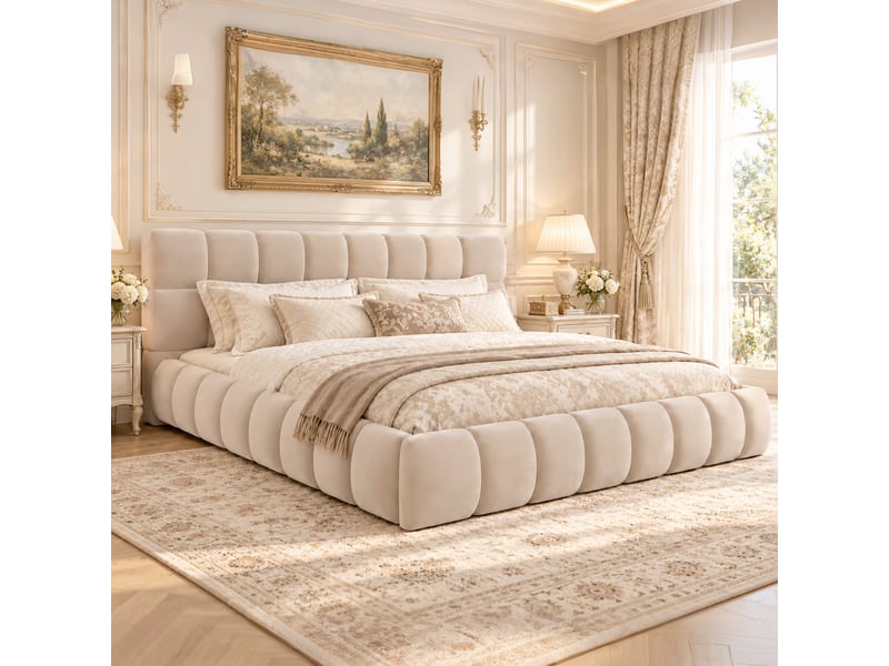 Lit rembourré double 180 x 200 cm avec tête de lit épaisse, côtés rembourrés, sommier à lattes, velours, beige Morn Vibe - Conforama B