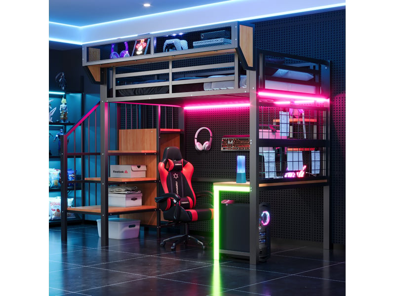 Lit mezzanine 90x200 cm, lit enfant, led, bureau, rangement, charge, échelle, garde-corps, métal+mdf, noir sans matelas  - Conforama B