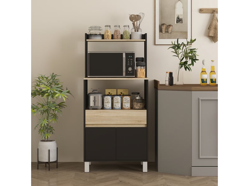  Meuble micro-ondes, buffet de cuisine avec placard, tiroir et étagère, 60 x 40 x 131 cm, chêne et noir  - Conforama D