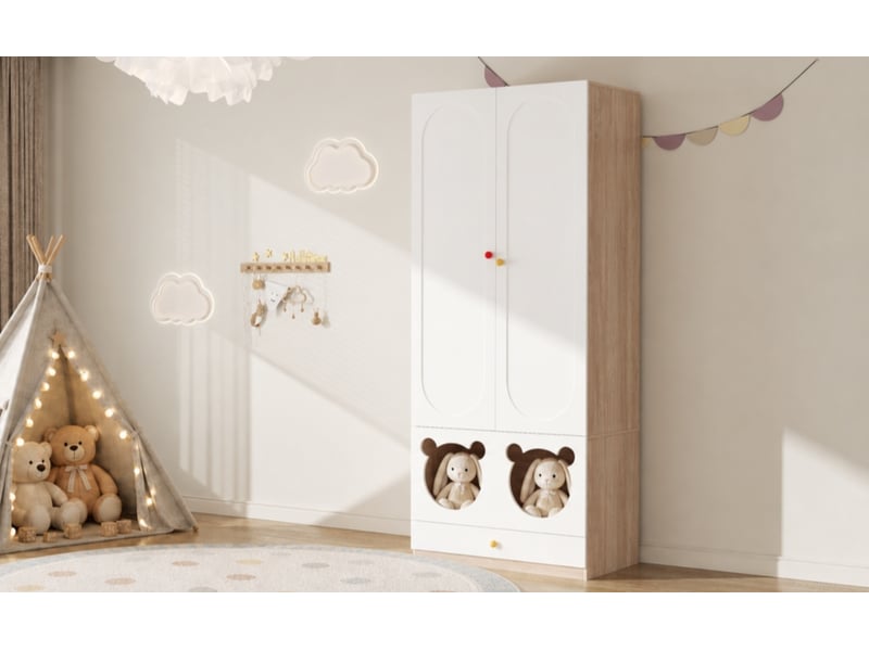 Armoire enfant avec 2 portes, tringle, étagères et tiroirs, finition laquée, en mdf, 80×50×200 cm, blanc naturel - Conforama E
