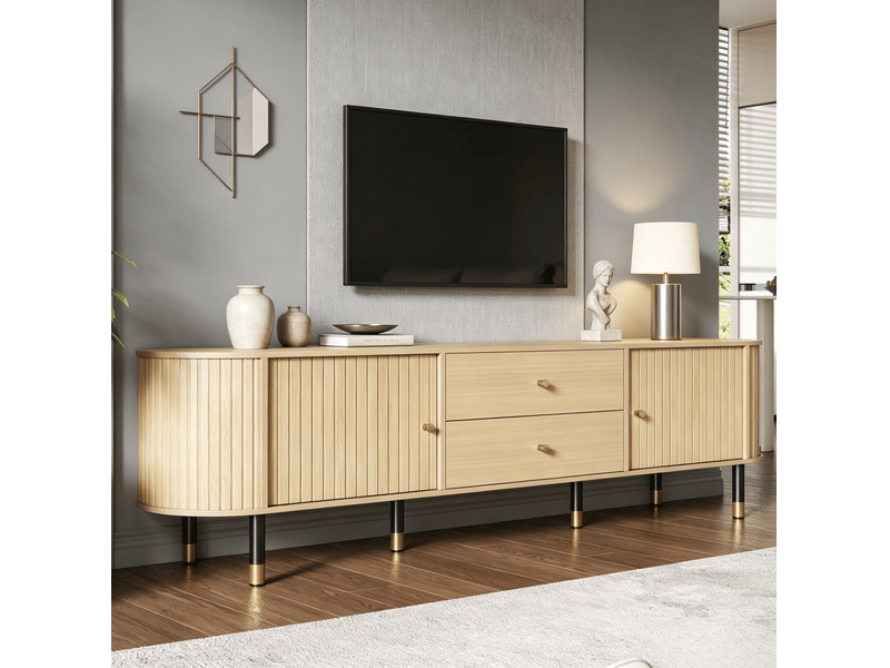  Meuble tv bas avec 2 portes, 2 tiroirs et passe-câbles, finition bois naturel, pour salon en mdf 180 × 40 × 58 cm  - Conforama B