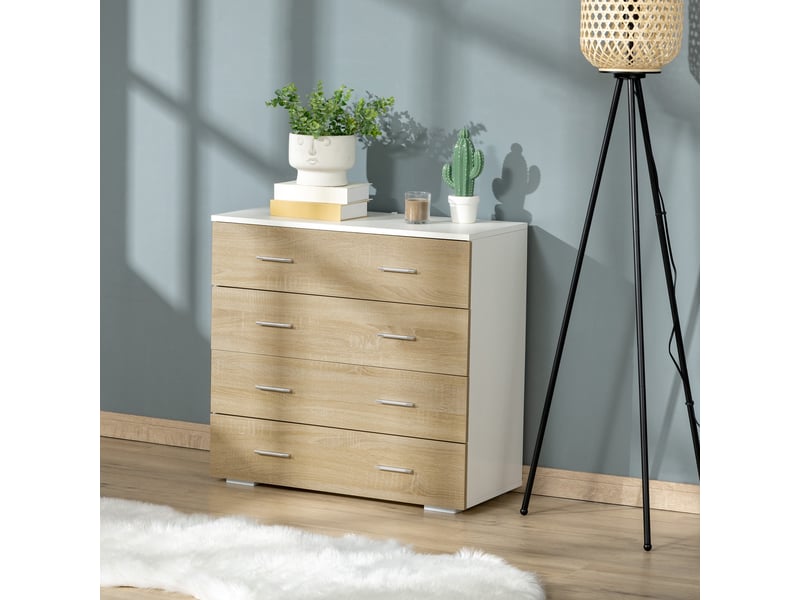  Commode meuble de rangement style contemporain 4 tiroirs 76 x 35 x 72 cm blanc et bois couleur  - Conforama R