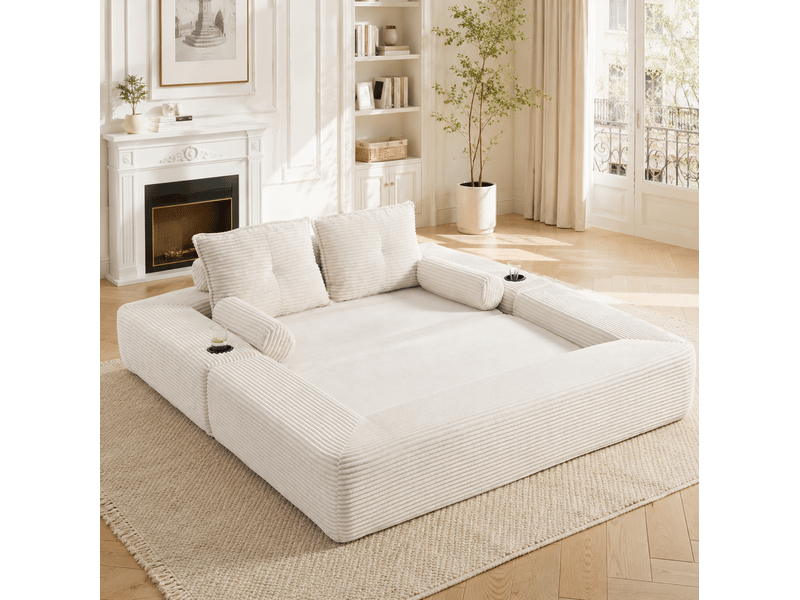 Canapé convertible 2 places modenvie en velours côtelé beige avec coffre de rangement, porte-gobelet et coussins mémoire 180 x 98 cm - Conforama D