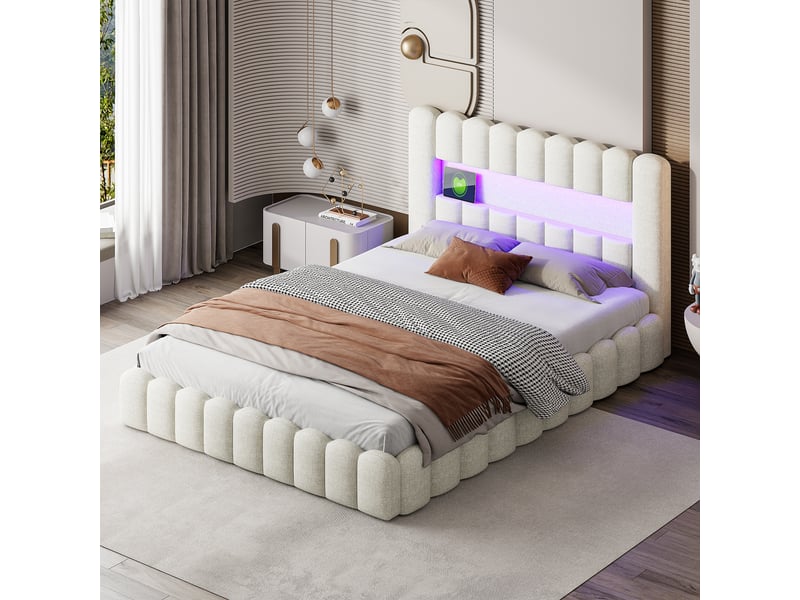  Lit coffre capitonné 160x200 cm, lit 2 places avec sommier, led et usb, rangement et tête de lit, lit adulte en lin, beige  - Conforama B
