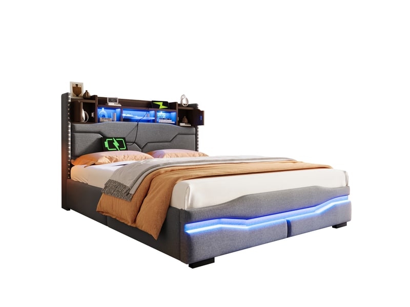  Lit rembourré, 140 x 200 cm, avec prise de chargement usb-c, éclairage d'ambiance sous le lit, tête de lit avec compartiment de rangement, lit coffre hydraulique, sans matelas, avec éclairage led, gris  - Conforama A