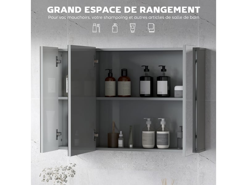 Armoire murale de salle de bain avec dim. 90l x 15l x 60h cm 3 portes miroir et étagères réglables en mdf gris - Conforama E