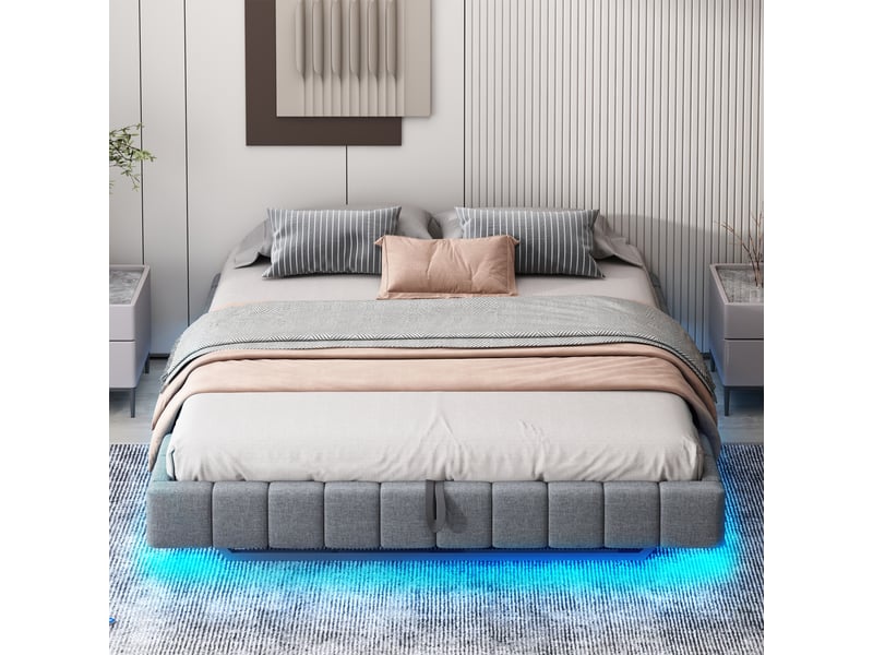  Lit capitonné 180x200 cm, cadre hydraulique avec rangement, sans tête de lit, éclairage led, toile gris lin  - Conforama D