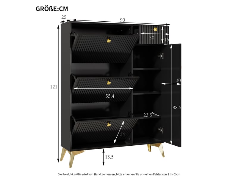  Meuble à chaussures 90x25x121 cm avec 4 portes et 1 tiroir, étagères, meuble d'entrée, pieds en métal, aggloméré et mdf, noir  - Conforama C