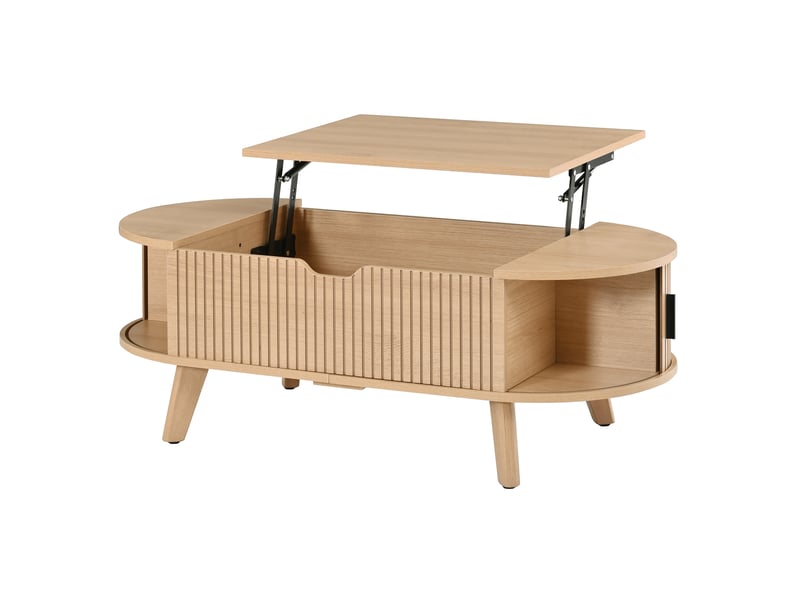  Table basse ovale relevable 110x50x53,5 cm avec 2 portes et rangement, mdf naturel  - Conforama D