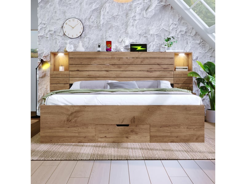  Lit coffre 160x200 cm double avec tiroirs, led et usb-c, tête de lit avec niches éclairées et tables de chevet suspendues - aspect chêne  - Conforama D