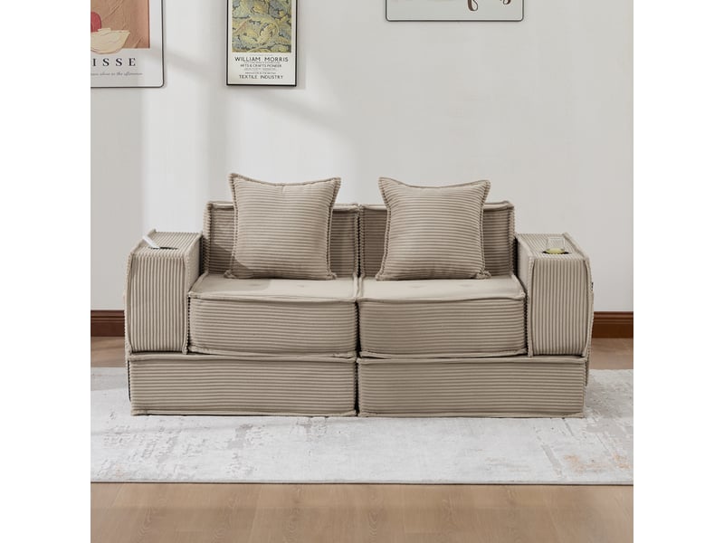 Canapé droit 2 places avec rangements latéraux - coussins, corduroy, khaki - Conforama B
