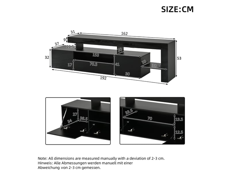  Meuble tv noir avec led, 3 portes abattantes, façade brillante, téléviseur 85 pouces maximum  - Conforama C