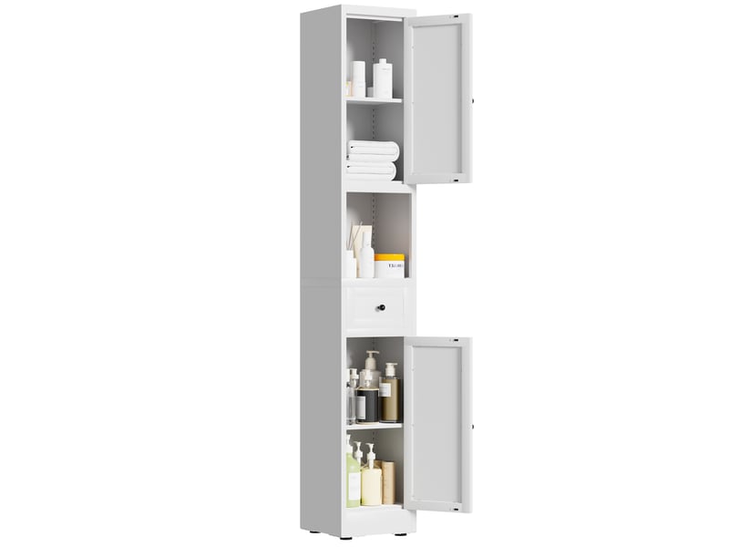 Armoire de salle de bain à 2 portes et 1 tiroir, 5 niveaux avec étagères réglables en métal blanc 30 × 30 × 180 cm - Conforama A