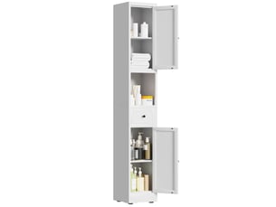 Armoire de salle de bain à 2 portes et 1 tiroir, 5 niveaux avec étagères réglables en métal blanc 30 × 30 × 180 cm