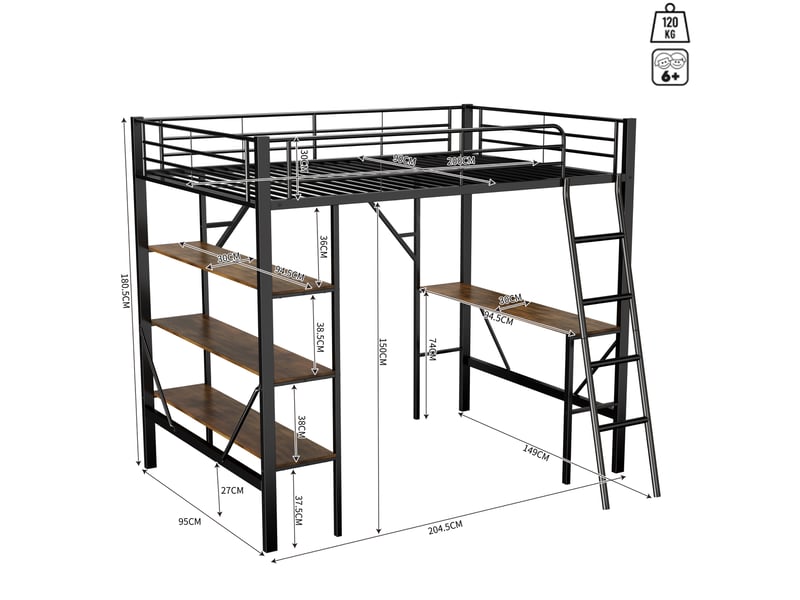 Lit mezzanine 90x200cm, table, sommier en métal, lit simple, 3 étagères rangement, noir, sans matelas - Conforama C