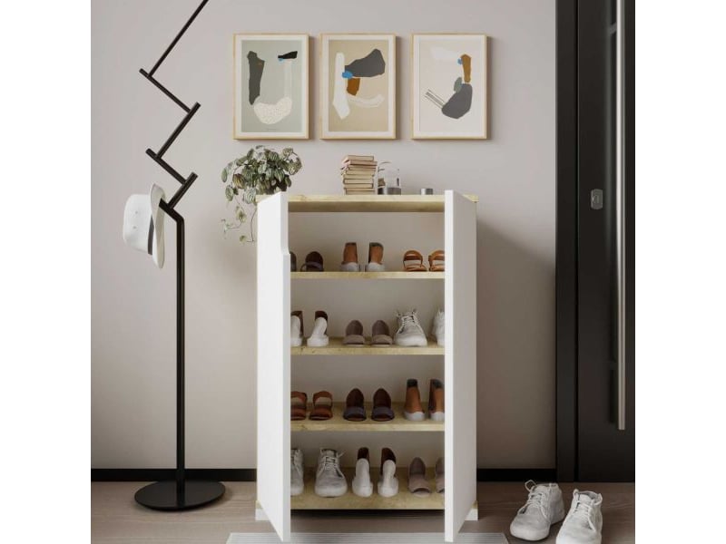 Meuble à chaussures 2 portes en aggloméré venedik blanc et chêne  - Conforama B