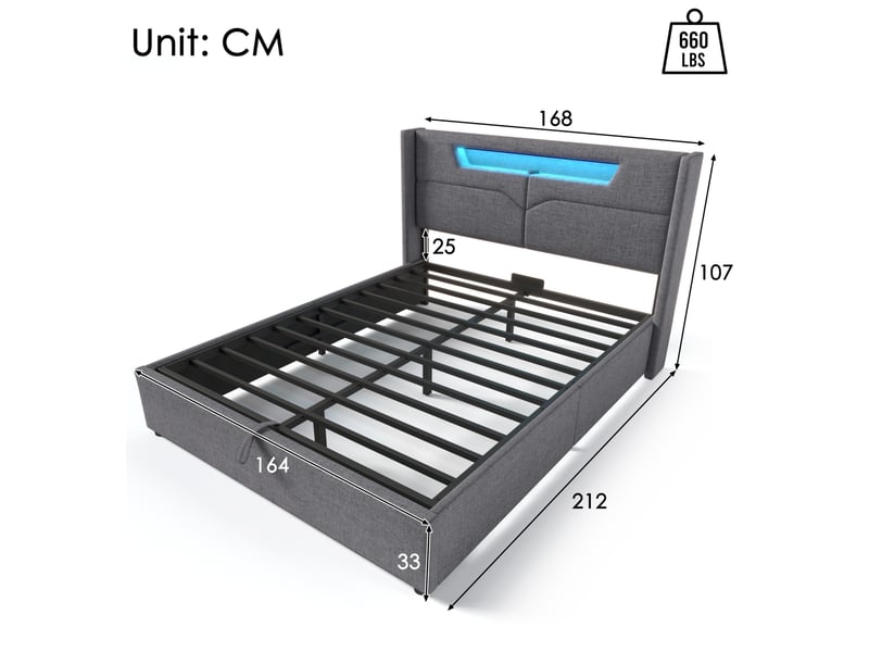  Lit double 160x200 cm avec éclairage led, ports usb et type-c, rangement, gris, avec matelas  - Conforama C