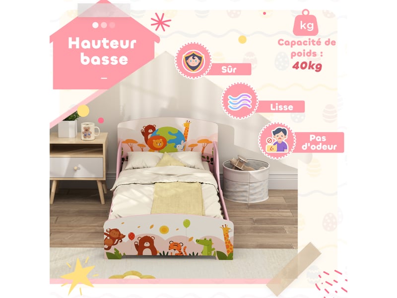  Lit enfant 70x140 cm motif animal 140 x 70 cm avec sommier à lattes en bois design sécurisé bas rose  - Conforama E
