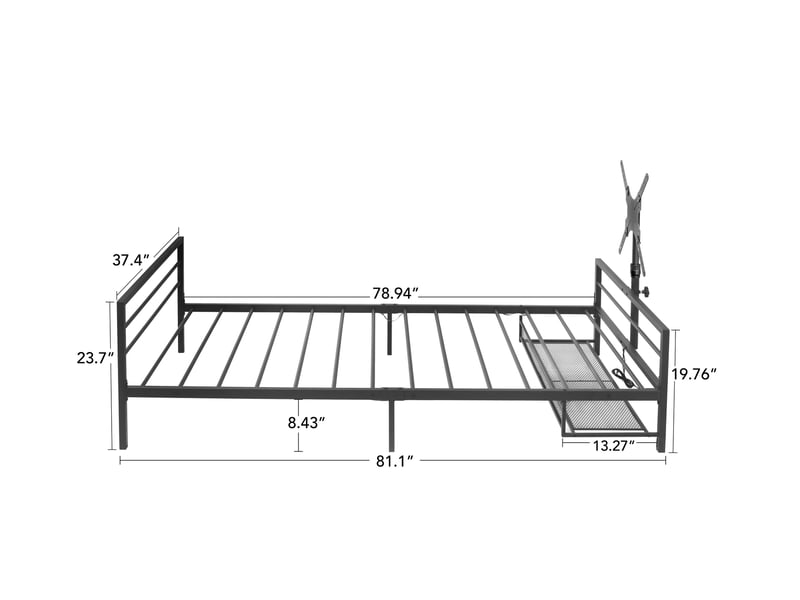  Lit simple 90x200 cm avec support écran orientable et éclairage led, structure en métal, couleur noir, sans matelas  - Conforama C