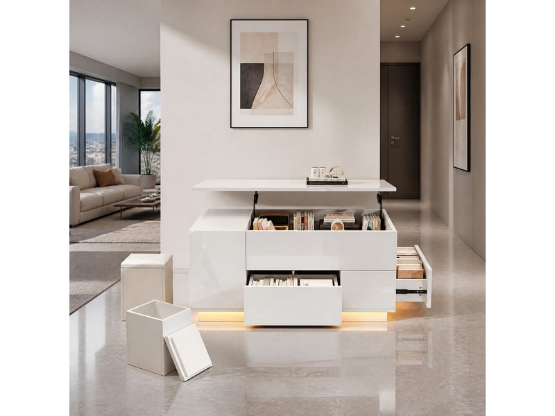  Table basse relevable 4-en-1 avec led, 2 tiroirs et 2 tabourets – blanche – 100 x 50 x 45 cm  - Conforama B