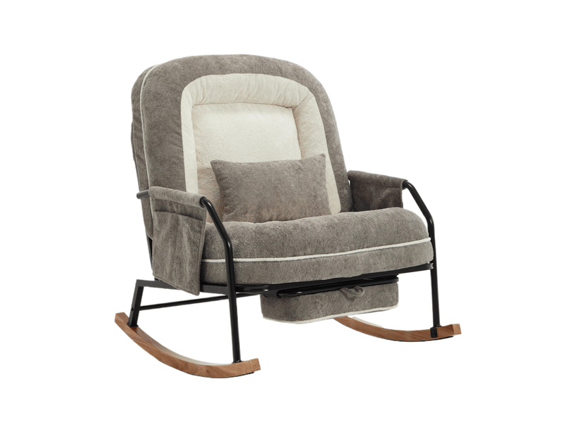 Fauteuil à bascule inclinable avec repose-pieds coulissant, poche latérale et coussin en fausse fourrure gris clair - Conforama A