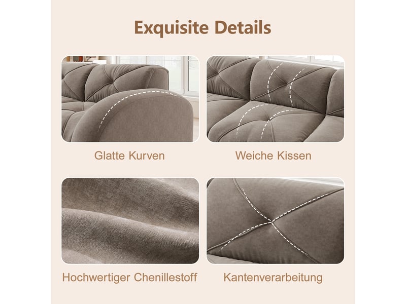  Canapé modulable 2 places avec pouf, design moderne en tissu chenille couleur taupe, structure stable et confortable pour salon contemporain  - Conforama D