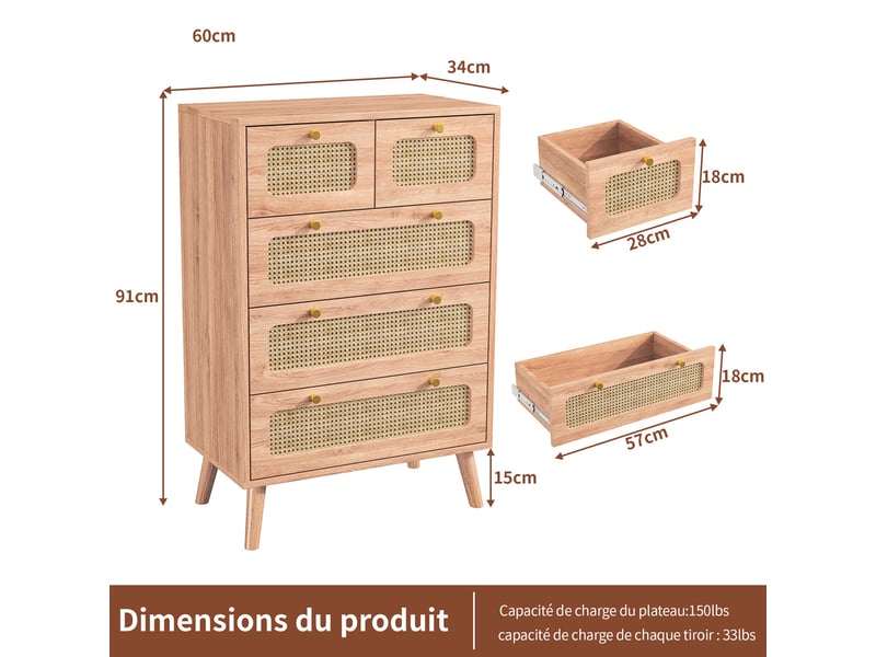  Commode 5 tiroirs - 60x34x91cm - commode en rotin tressé avec boutons dorés &amp; dispositif anti-basculement - chêne clair  - Conforama E