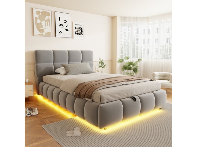  Lit coffre, 90x200 cm, avec bande led, structure de rangement hydraulique, matelas non inclus, velours, coloris gris  - Conforama D