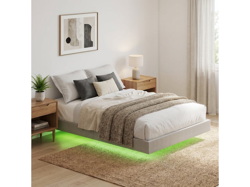 Cadre de lit flottant led 160x200cm sommier à lattes en bois intégré revêtement tissu beige - Conforama B