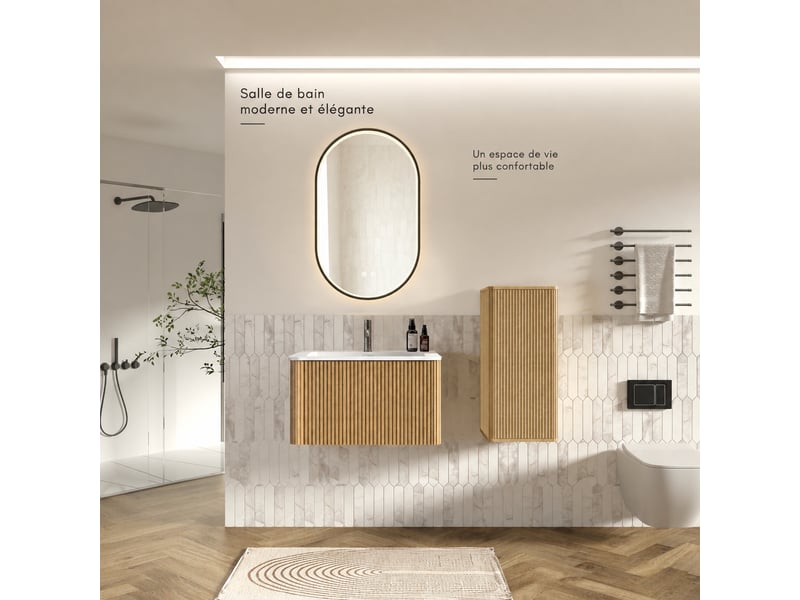  Ensemble meuble vasque 80 cm avec miroir led ovale, finition chêne  - Conforama E
