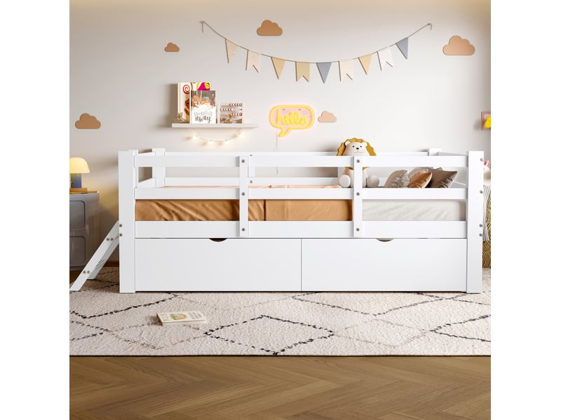 Lit enfant 90x200cm barrières demi-ouvertes 2 tiroirs gain d'espace mdf et contreplaqué pin blanc sans matelas - Conforama B