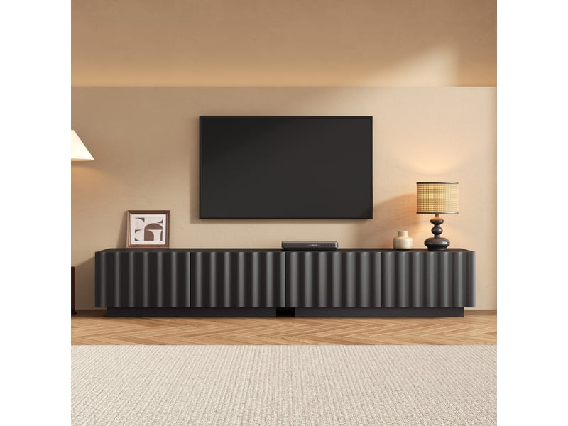  Meuble tv bas 200x40x35 cm, façade ondulée, grand rangement et ouverture par pression, style minimaliste, mdf et aggloméré, noir Bubbly - Conforama B