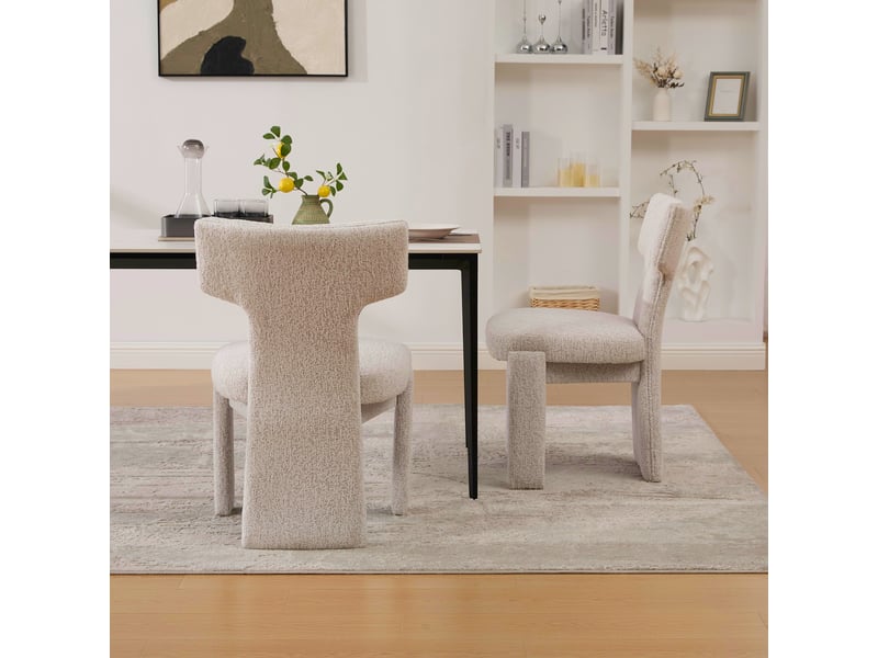  Lot de 2 chaises de salle à manger en tissu chenille beige, chaises sans accoudoirs avec dossier incurvé et pieds en bois d'hévéa massif  - Conforama R