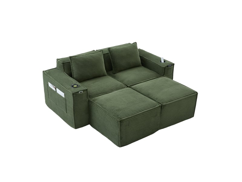  Canapé 2 places avec 2 poufs en velours côtelé vert 188x162x75 cm  - Conforama A