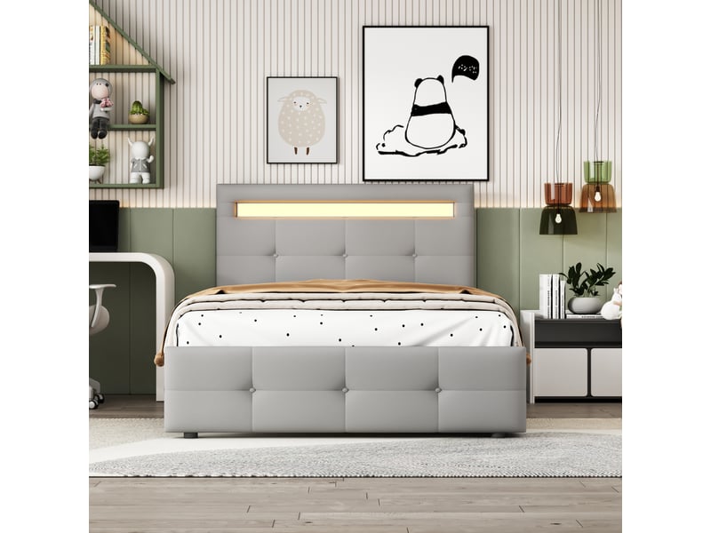  Lit enfant rembourré 90 x 200 cm avec led et 2 tiroirs, tête de lit réglable, gris Fay Lum - Conforama E